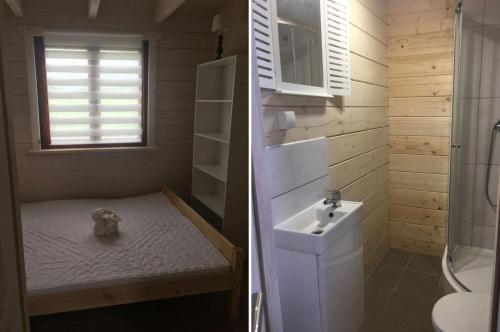 a bathroom with a sink and a shower and a toilet at Siedlisko u Agi in Ryn