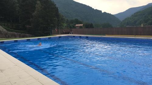 een persoon die zwemt in een groot blauw zwembad bij Precioso apartamento con vistas montaña y rio in Ribes de Freser