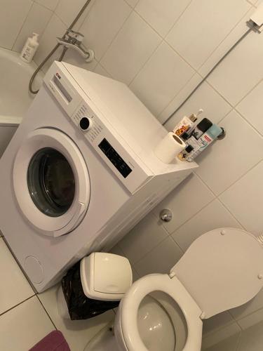 ein Badezimmer mit einem WC und einer Waschmaschine in der Unterkunft Apartmani Petra in Novi Sad