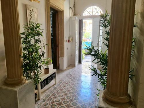 a hallway with columns and potted plants at Hostel On in Sliema