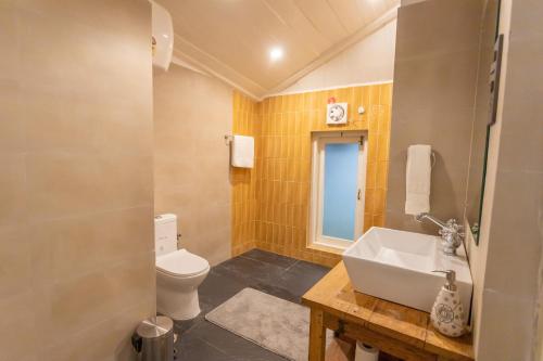 a bathroom with a white toilet and a sink at Seclude Shimla, Taraview in Shimla