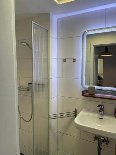 a bathroom with a shower and a sink and a mirror at Relitto Sommerhaus in Borkum