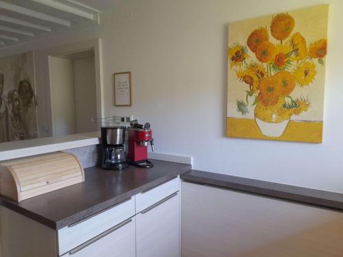 a kitchen with a counter with a blender and a painting at Apartment in Dienten near Gabühel Ski Lift in Dienten am Hochkönig