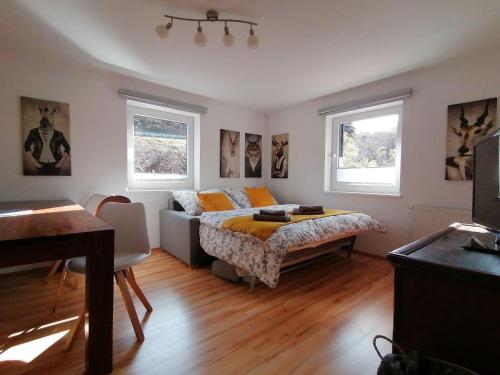 a bedroom with a bed and a couch and two windows at Apartment in Dienten near Gabühel Ski Lift in Dienten am Hochkönig