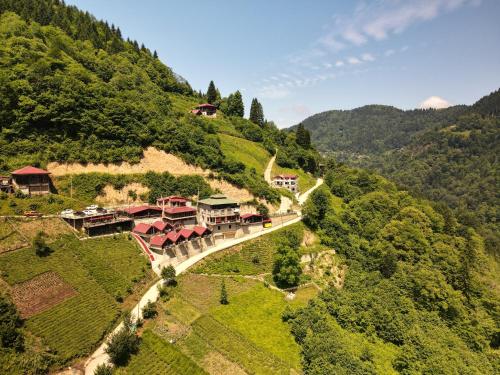 an aerial view of a house on a hill at Seyr-i Cennet Dag Evleri in Çamlıhemşin