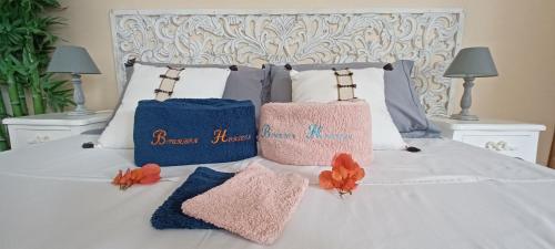 uma cama branca com duas almofadas e toalhas em Bourbon Horizon em La Possession