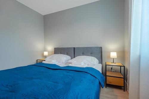 a bedroom with a blue bed with two pillows at Apartament Widok in Piechowice