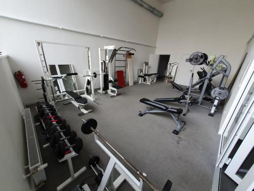 an overhead view of a gym with tread machines at G support apartment in Prague