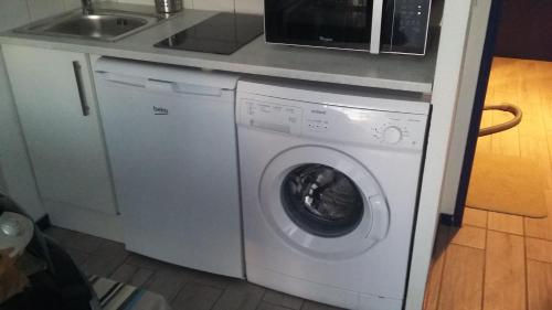 uma máquina de lavar roupa branca numa cozinha ao lado de um lavatório em Gaindeguia Studio em Cambo-les-Bains