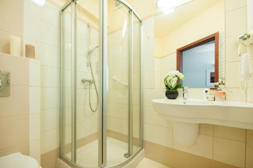 a bathroom with a shower and a sink at Ikar Plaza in Kołobrzeg