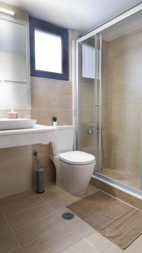 a bathroom with a toilet and a sink and a shower at Casa Avgerinou in Afantou
