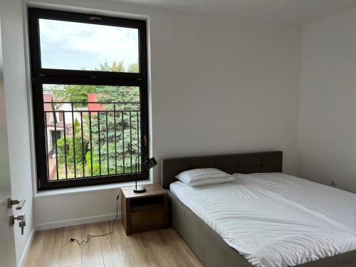 sypialnia z łóżkiem i dużym oknem w obiekcie Apartament w Centrum w mieście Sokółka