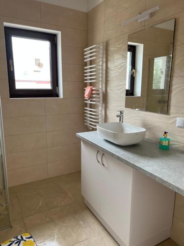 a bathroom with a sink and a mirror at Apartament w Centrum in Sokółka