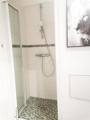 a bathroom with a shower with a glass door at Studio moderne, lumineux in Paris