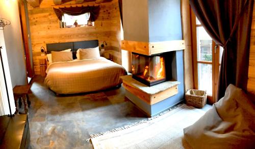 a bedroom with a bed and a fireplace at B&B Ca' Mea room, wellness & food in Levata