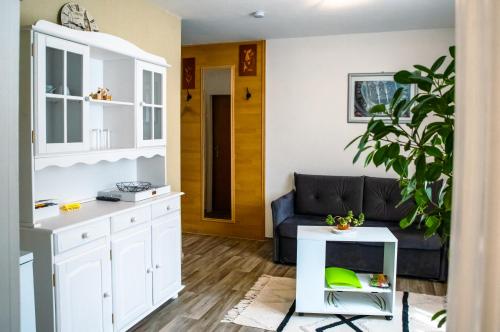 a living room with a couch and a table at Pension Bergstube in Bad Langensalza