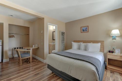 a hotel room with a large bed and a desk at Shasta Pines Motel & Suites in Burney