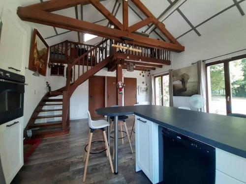 kuchnia z blatem i spiralnymi schodami w obiekcie Gîte de la P'tite Rainette w mieście Grosne