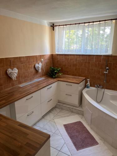 a bathroom with a tub and a sink and a bath tub at UBYTOVÁNÍ ALENA in Ostrava