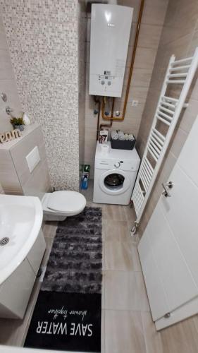a bathroom with a toilet a sink and a washing machine at Apartman Dreams in Lukavica