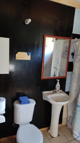 a bathroom with a sink and a toilet and a mirror at Cabañas el Rombo in Puerto Montt