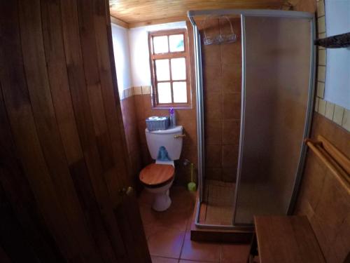 a small bathroom with a toilet and a shower at Gryffin Cottage at Hogwarts Forest in Hogsback