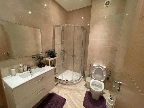W łazience znajduje się prysznic, toaleta i umywalka. w obiekcie The garden corner w mieście Bouznika