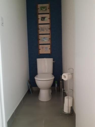 La salle de bains est pourvue de toilettes blanches dans un mur bleu. dans l'établissement Kerlann Bruz, à Bruz