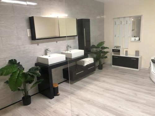 a bathroom with two sinks and a mirror at Hôtel Saint Albert in Sarlat-la-Canéda