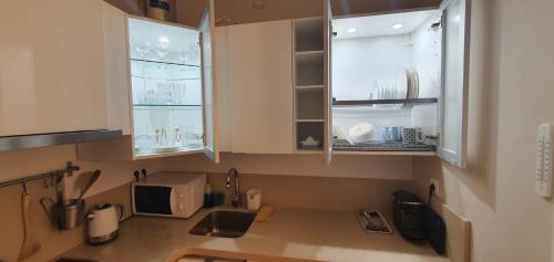 a kitchen with a sink and a microwave and two windows at Cozy LUXURY apartments*****. The city center in Valencia