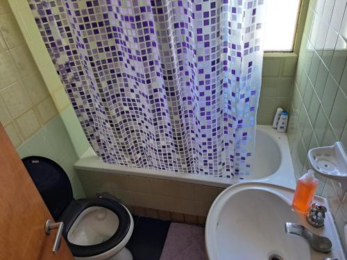 a bathroom with a purple shower curtain and a toilet at Dpto El Cairo, tu lugar en Rosario in Rosario