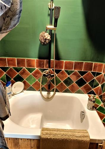 La salle de bains est pourvue d'un lavabo et d'un sèche-cheveux. dans l'établissement Fenêtre sur vue, à Saignon