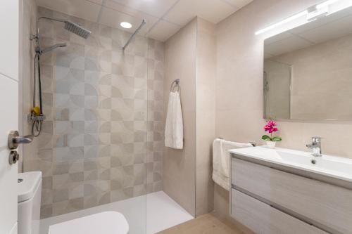 La salle de bains est pourvue d'un lavabo, de toilettes et d'un miroir. dans l'établissement Apartamento Columbretes, à San Juan de Alicante