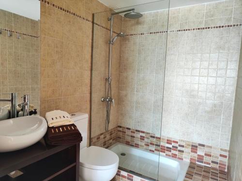 een badkamer met een toilet, een wastafel en een douche bij Villa Gabriel (private Spa-Jacuzzi) in Costa Teguise