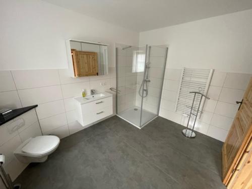 La salle de bains est pourvue d'une douche, de toilettes et d'un lavabo. dans l'établissement Fewo am Teich, à Laage