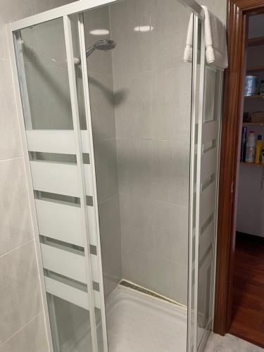 a shower with a glass door in a bathroom at Casa de Fernando in Treacastela