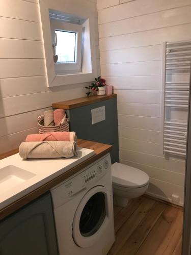 ein Badezimmer mit einer Waschmaschine und einem WC in der Unterkunft Cottage Le Cerf-volant in Saint-Aubin-sur-Mer