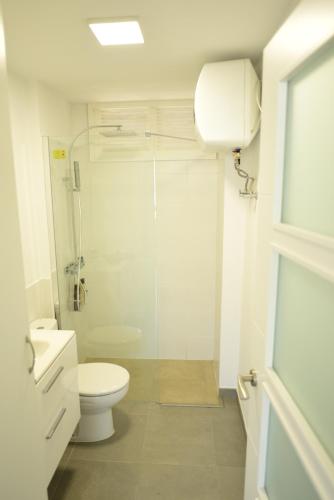 een badkamer met een toilet en een glazen douche bij Apto. Dulia in Puerto Rico de Gran Canaria
