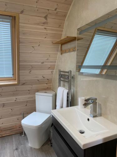 a bathroom with a white toilet and a sink at Owl Glamping Pod in Leighton