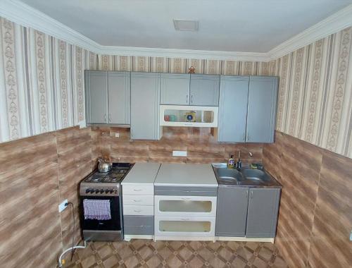 a kitchen with a stove and a sink at Apartment BESO in Kutaisi