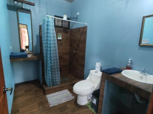 a bathroom with a toilet and a shower and a sink at El Buda in Poás