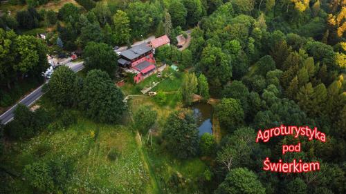 an aerial view of a house in the middle of a forest at Agroturystyka Pod Świerkiem in Srebrna Góra