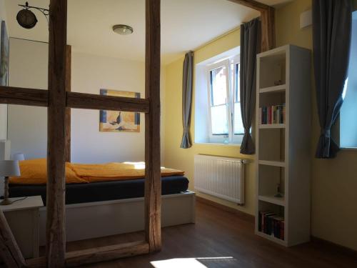 a bedroom with a bunk bed and a book shelf at gemütliches Sandsteinhaus in Buergstadt
