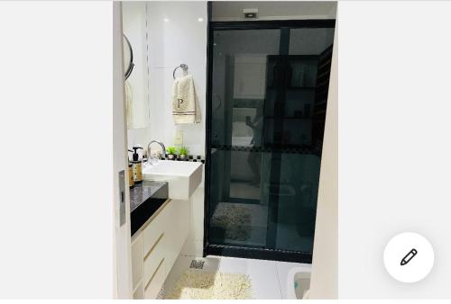 uma casa de banho com um lavatório e uma cabina de duche em vidro. em Apartamento leblon no Rio de Janeiro