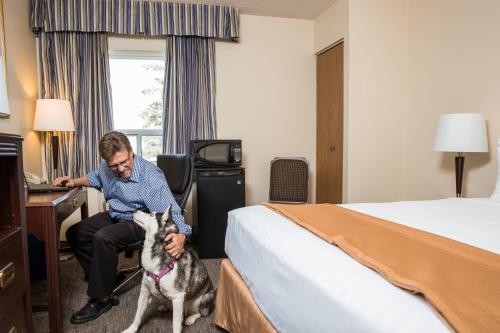 a man sitting at a desk with a dog in a hotel room at Travelodge by Wyndham Edmonton South in Edmonton