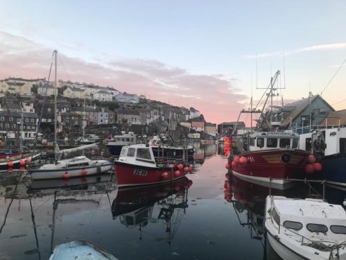 a group of boats are docked in a harbor at Coastguard Cottage Cornwall - Sea & Harbour Views in Mevagissey