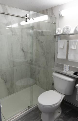 a bathroom with a toilet and a glass shower at Econo Inn in Worland