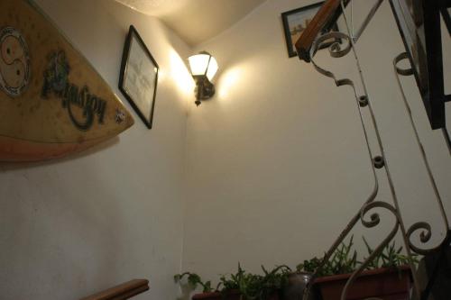 een kamer met een licht op de muur en een plant bij Hobbiton in Agadir