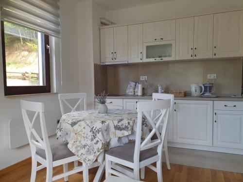 a kitchen with a table and two chairs and a table and a counter at Vila Irina Kopaonik in Kopaonik
