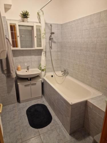 a bathroom with a bath tub and a sink at Epreskert Apartman in Nyíregyháza